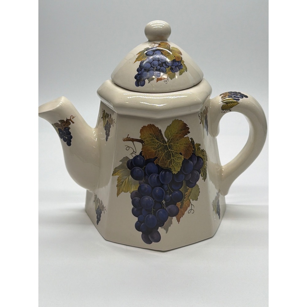 Vintage Ceramic Teapot Wall Pocket Planter Grape Vine Design Cream Purple